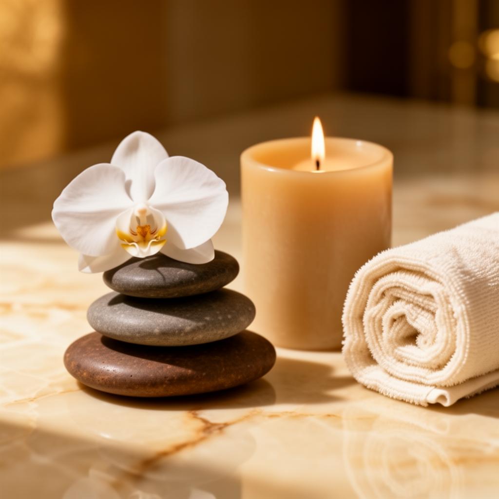 Detalle de spa: piedras, orquídea y vela en mármol cálido